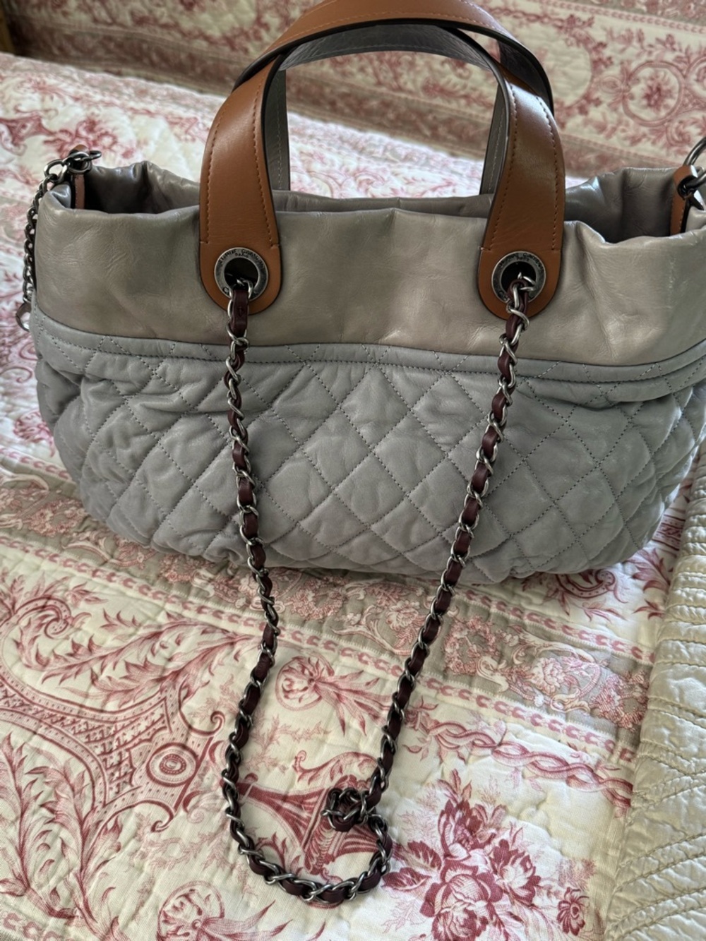Chanel  Quilted Shoulder Bag in Light Gray with Tan Handles